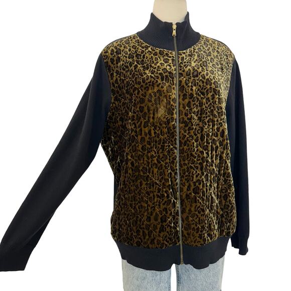 Ralph Lauren Quilted Velvet Leopard and Black Wool Full Zip Sweater Jacket 2X - Picture 1 of 13